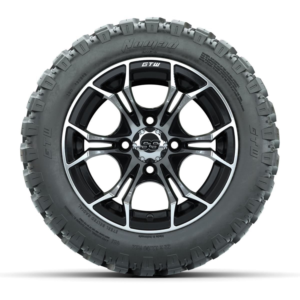 GTW&reg; Spyder Black/Machined 12 in Wheels with 22X11-R12 Nomad Steel Belt Radial All-Terrain Tires – Full Set