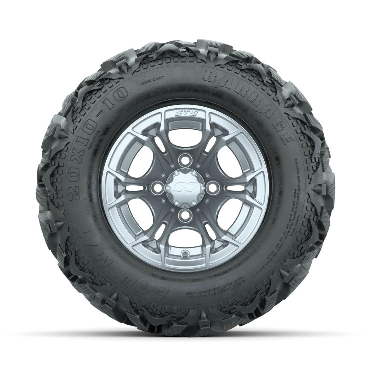GTW Spyder Silver Brush 10 in Wheels with 20x10-10 Barrage Mud Tires – Full Set