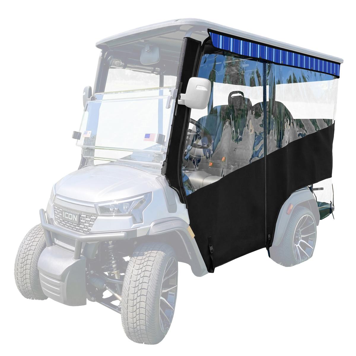 RedDot 4-Passenger Black Track Style Enclosure with Pacific Blue Fancy Valance for ICON i40X (Years 2026-Up)