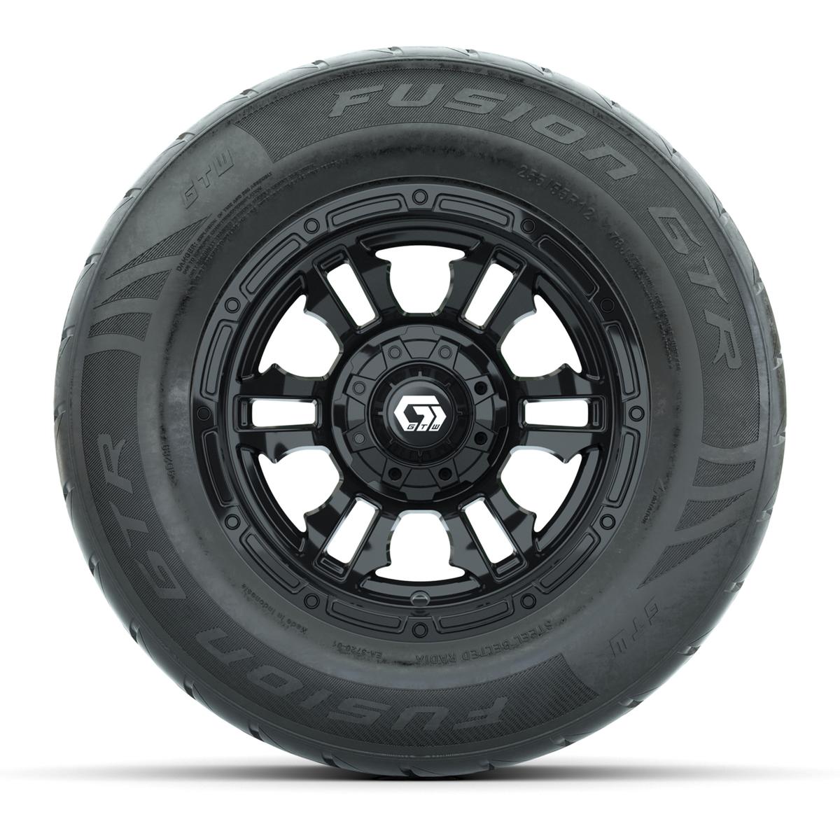 GTW&reg; Shogun Gloss Black 12 in Wheels with 255/55-R12 Fusion GTR Steel Belt Radial Street Tires – Full Set