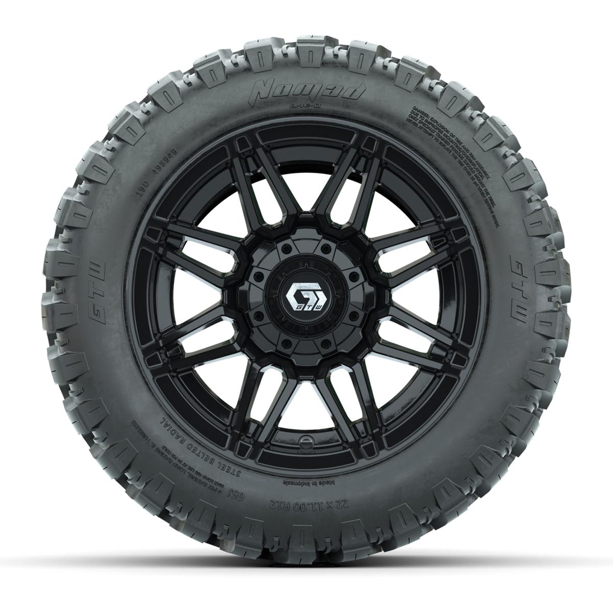 GTW&reg; Stealth Gloss Black 12 in Wheels with 22X11-R12 Nomad Steel Belt Radial All-Terrain Tires – Full Set
