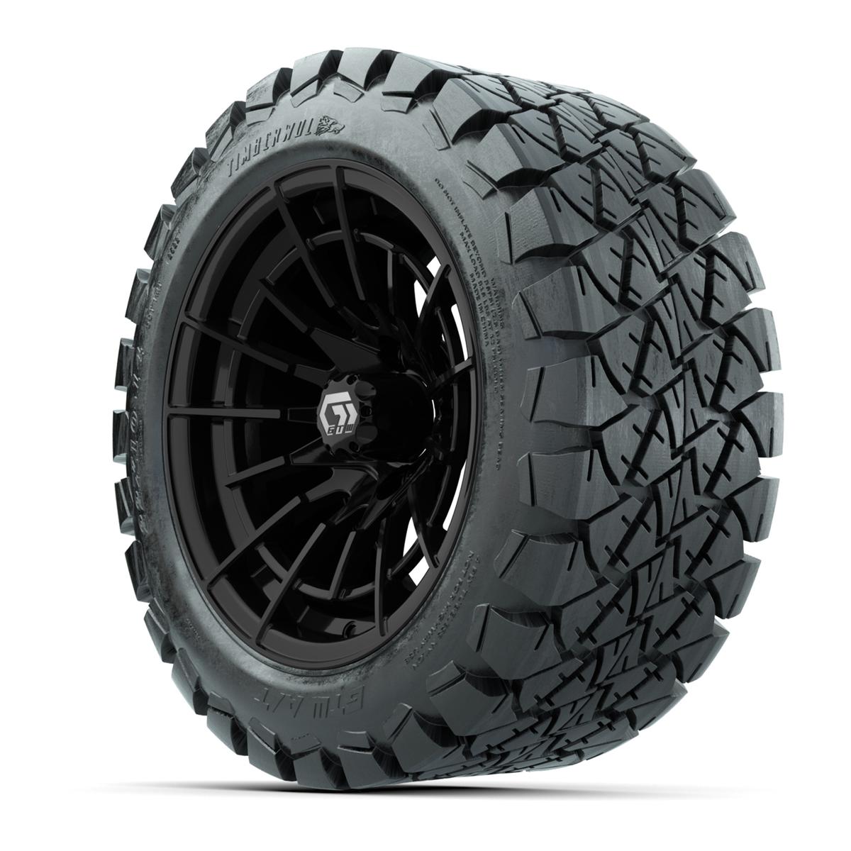 GTW® Boost Gloss Black 14 in Wheels with 22x10-14 Timberwolf All-Terrain Tires – Full Set