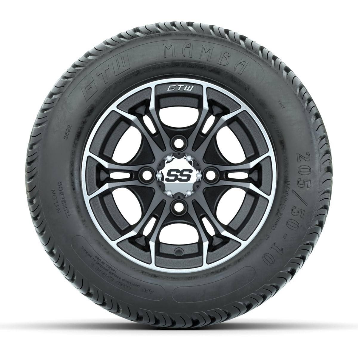 GTW Spyder Machined/Matte Grey 10 in Wheels with 205/50-10 Mamba Street Tires – Full Set