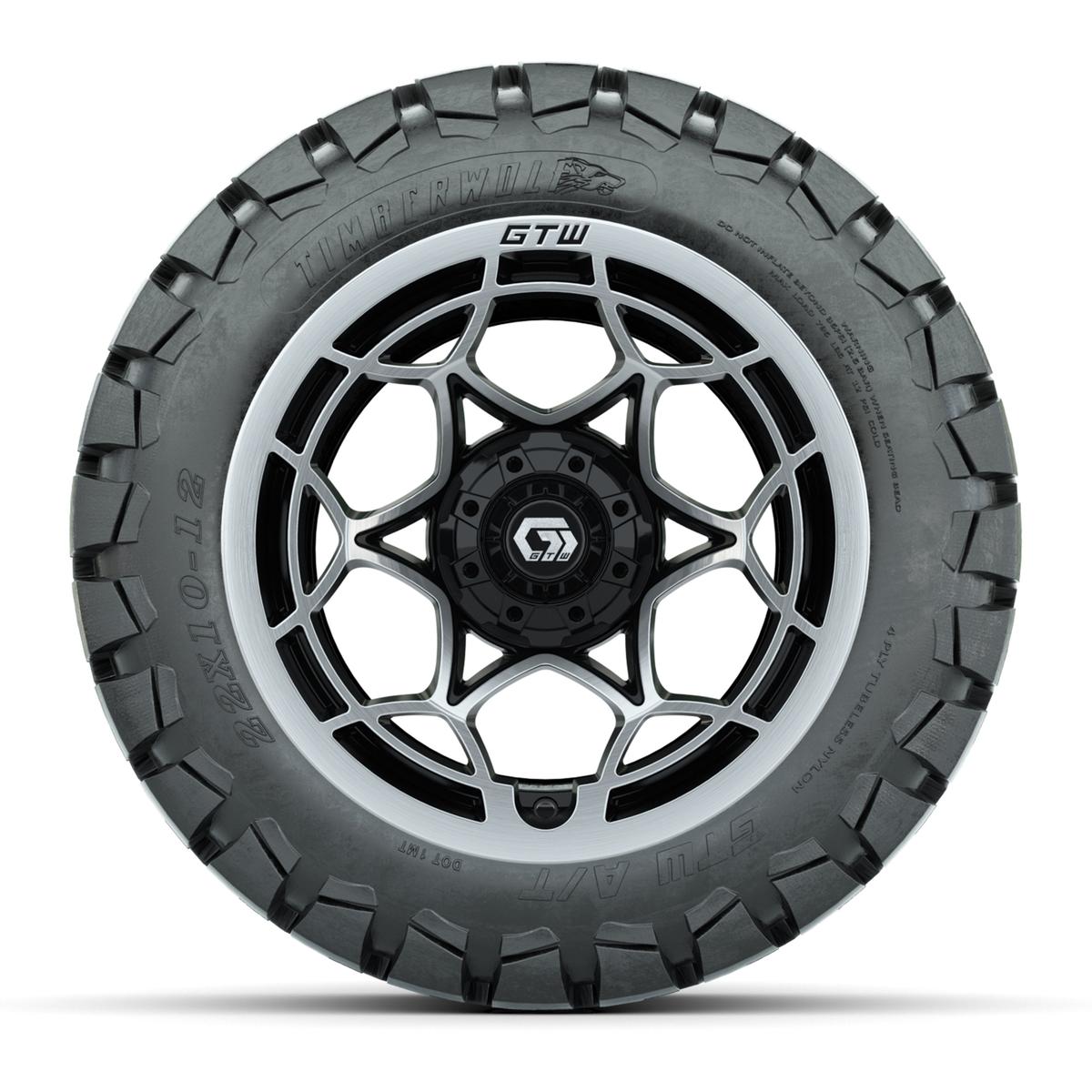 GTW® Nexus Gloss Black 12 in Wheels with 22x10-12 Timberwolf All-Terrain Tires – Full Set