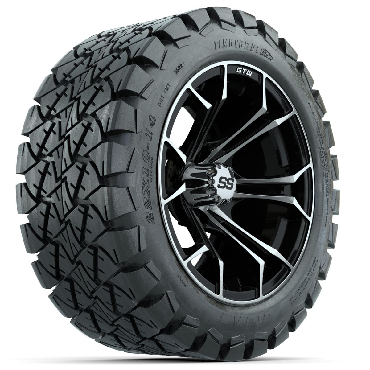 GTW Spyder Machined/Black 14 in Wheels with 22x10-14 GTW Timberwolf All-Terrain Tires – Full Set