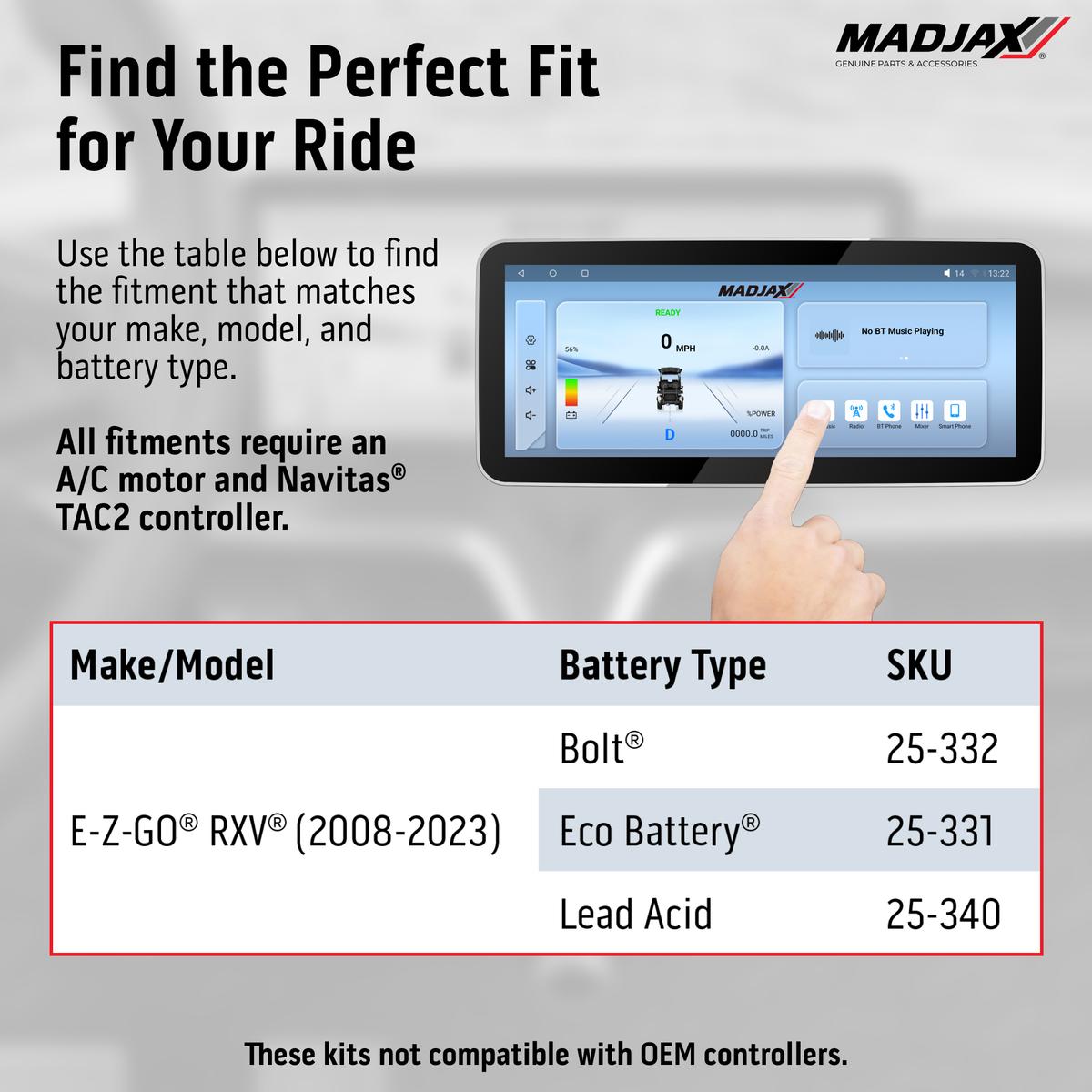 MadJax&reg; Kinect&trade; Display Screen Kit for A/C motor EZGO RXV with Eco Battery Setup and Navitas TAC2 Controller