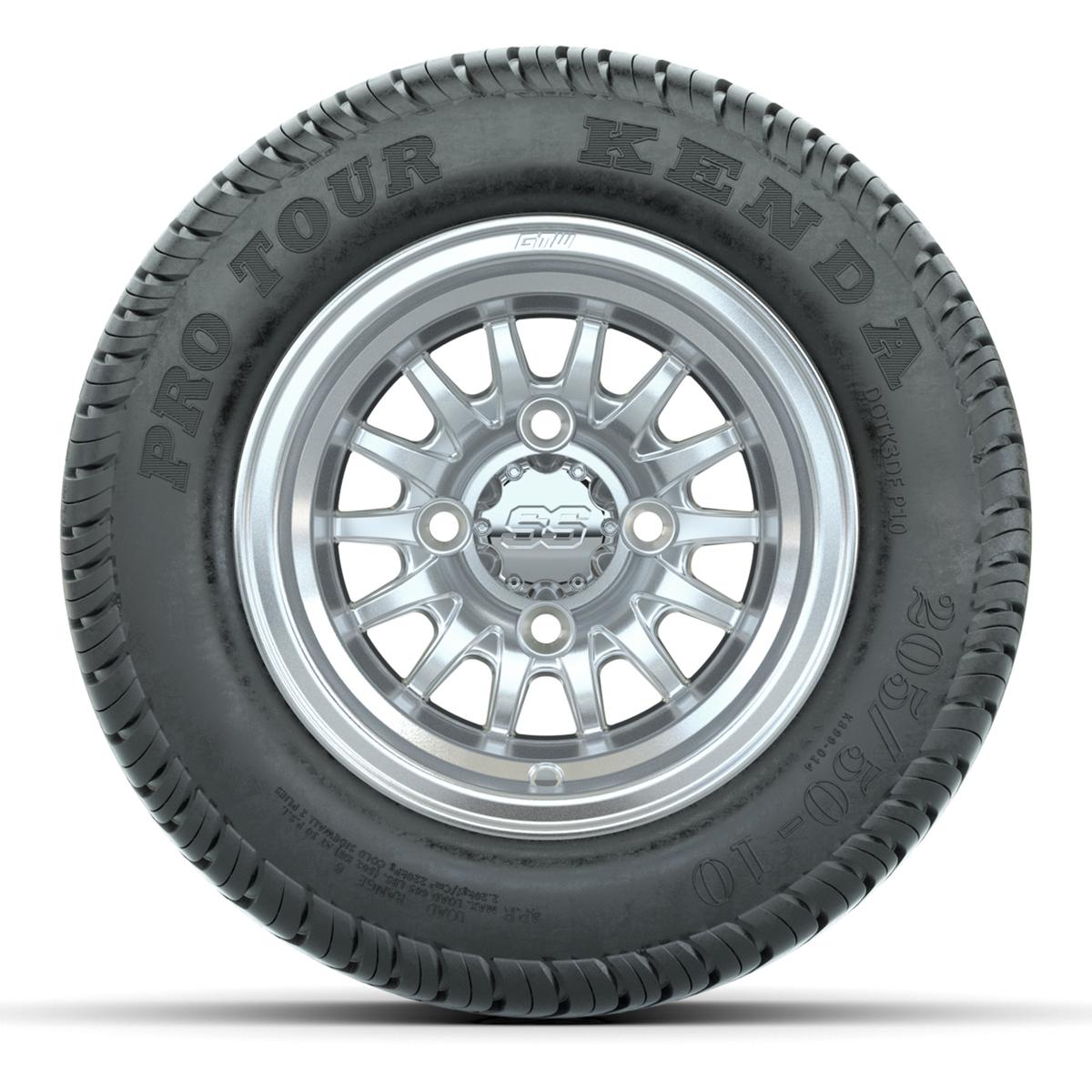 GTW Medusa Silver/Machined 10 in Wheels with 205/50-10 Kenda Pro Tour Street Tires – Full Set