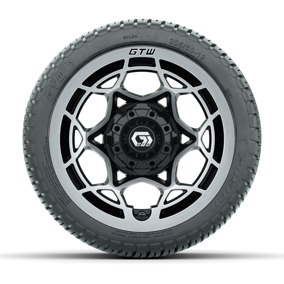 GTW&reg; Nexus Black with Silver Face 12 in Wheels with 205/30-12 Fusion Street Tires – Full Set