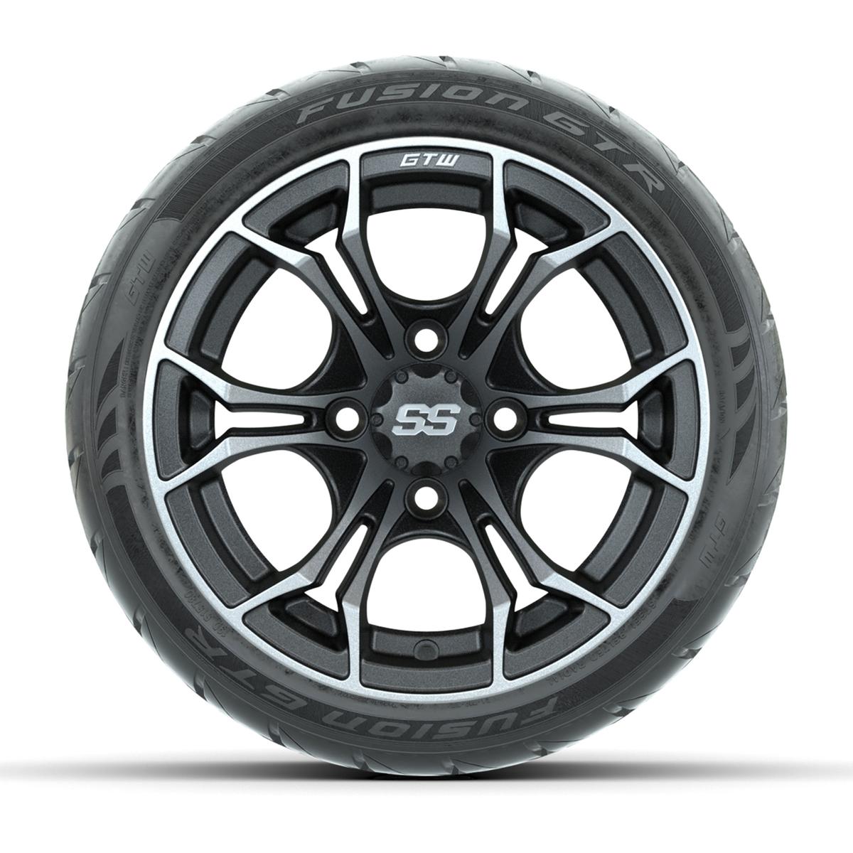 GTW&reg; Spyder Matte Gray/Machined 12 in Wheels with 215/40-R12 Fusion GTR Steel Belt Radial Street Tires – Full Set