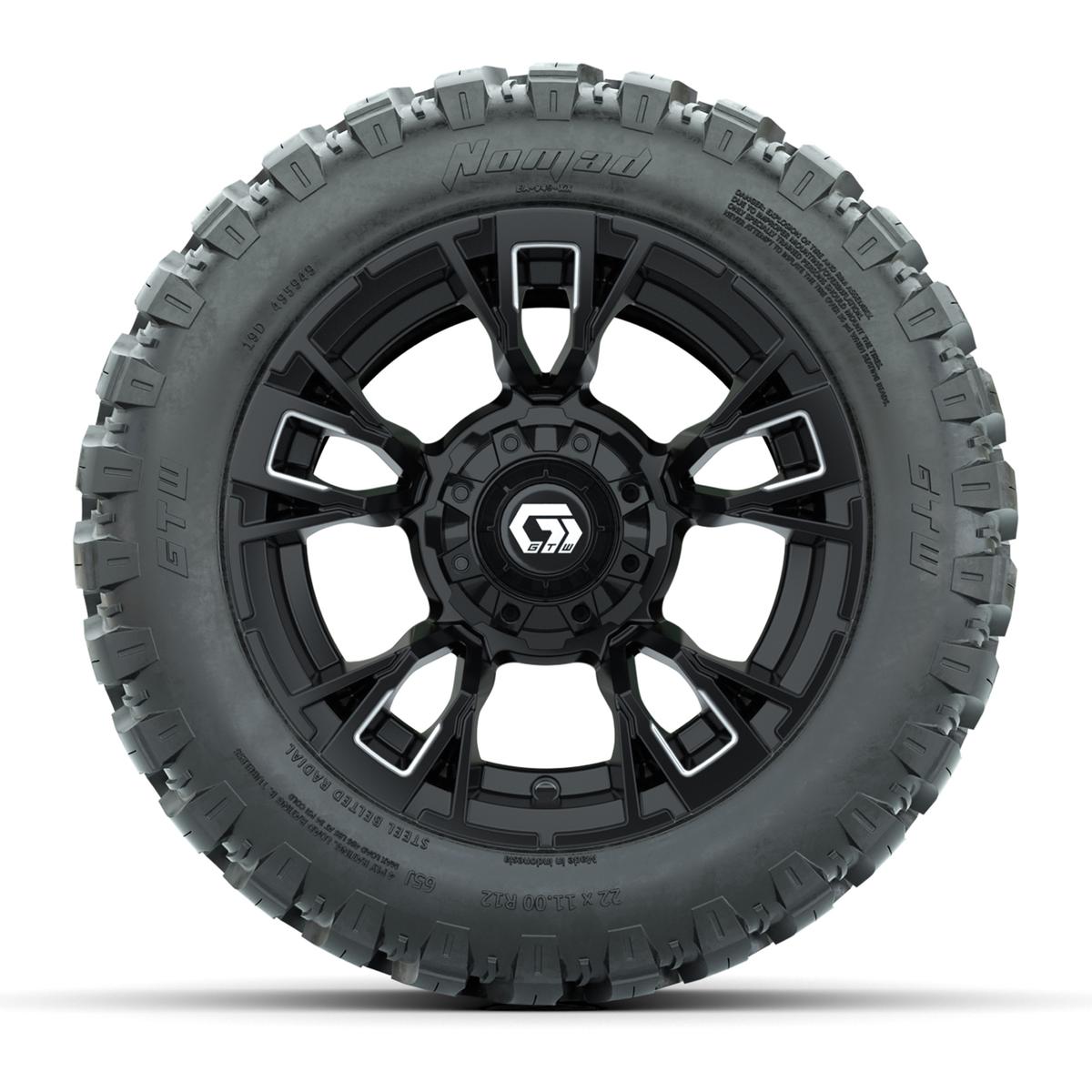GTW&reg; Vandal Matte Black/Machined 12 in Wheels with 22X11-R12 Nomad Steel Belt Radial All-Terrain Tires – Full Set