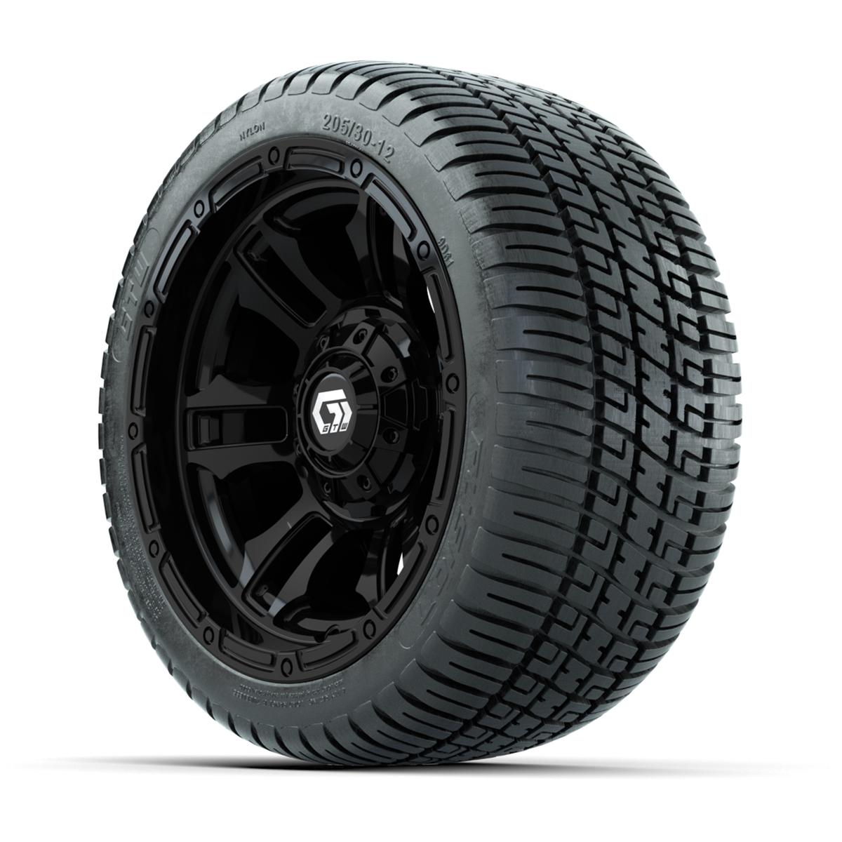 GTW&reg; Shogun Gloss Black 12 in Wheels with 205/30-12 Fusion Street Tires – Full Set