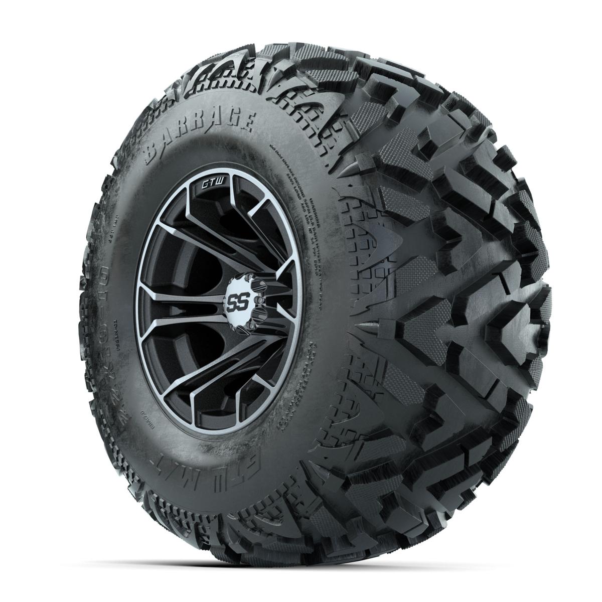 GTW Spyder Machined/Matte Grey 10 in Wheels with 22x10-10 Barrage Mud Tires – Full Set