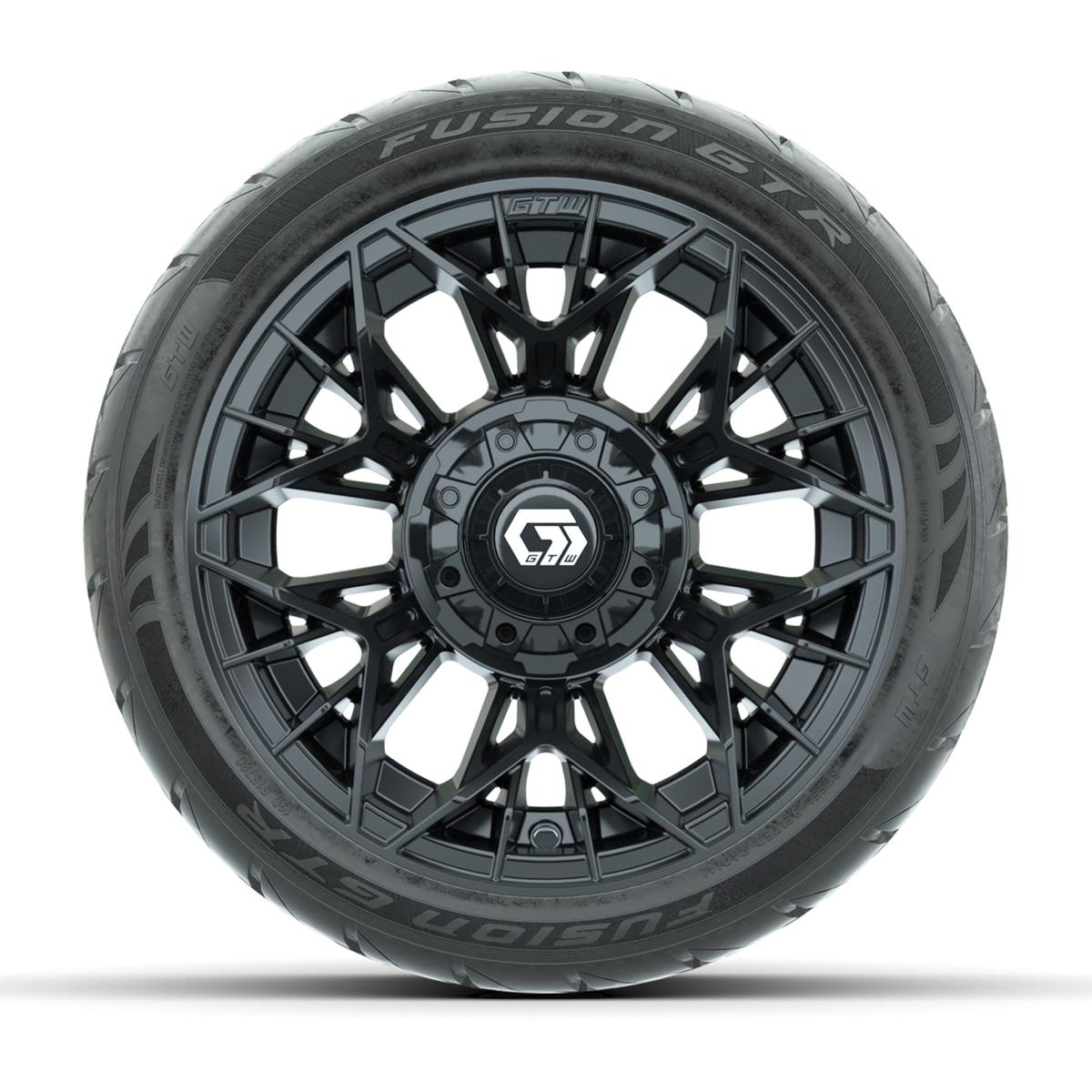 GTW&reg; Stellar Black 12 in Wheels with 215/40-R12 Fusion GTR Steel Belt Radial Street Tires – Full Set