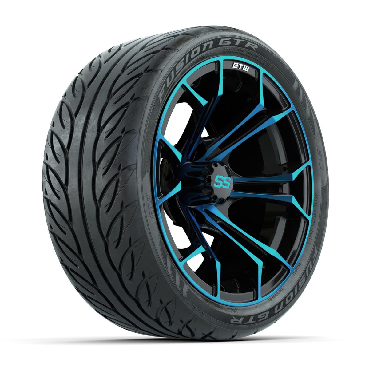 GTW&reg; Spyder Black/Blue 14 in Wheels with 205/40-R14 Fusion GTR Steel Belt Radial Street Tires – Full Set