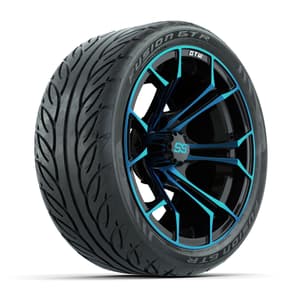 GTW&reg; Spyder Black/Blue 14 in Wheels with 205/40-R14 Fusion GTR Steel Belt Radial Street Tires – Full Set