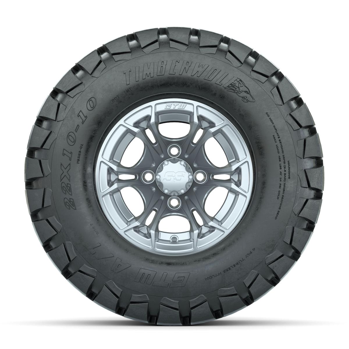 GTW Spyder Silver Brush 10 in Wheels with 22x10-10 Timberwolf All Terrain Tires – Full Set