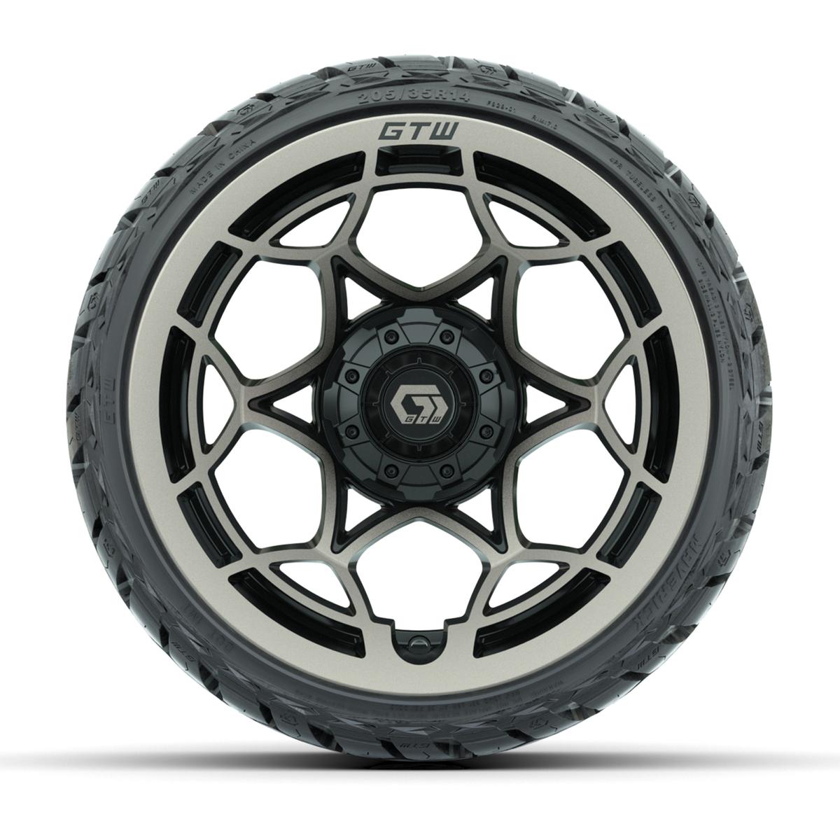 GTW Nexus Gloss Black/Bronze 14 in Wheels with 205/35-R14 Maverick Low-Profile All-Terrain Tires – Full Set