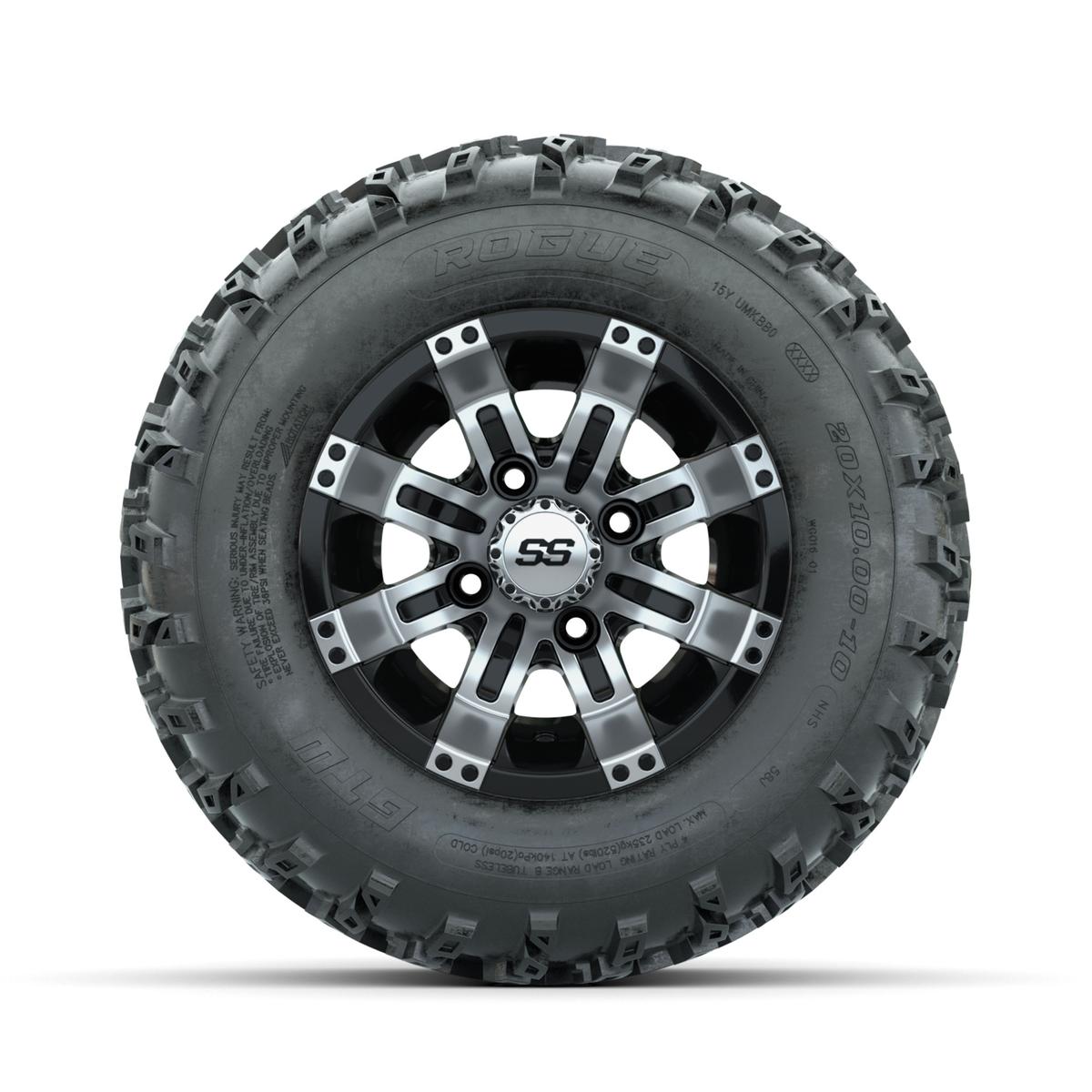 GTW Tempest Machined/Black 10 in Wheels with 20x10.00-10 Rogue All Terrain Tires – Full Set