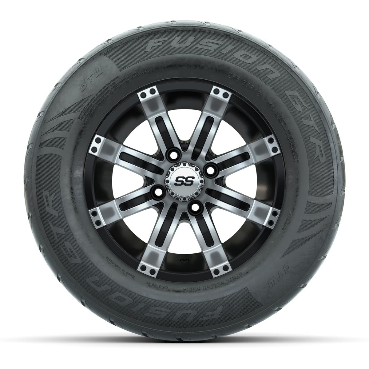 GTW&reg; Tempest Black/Machined 12 in Wheels with 255/55-R12 Fusion GTR Steel Belt Radial Street Tires – Full Set