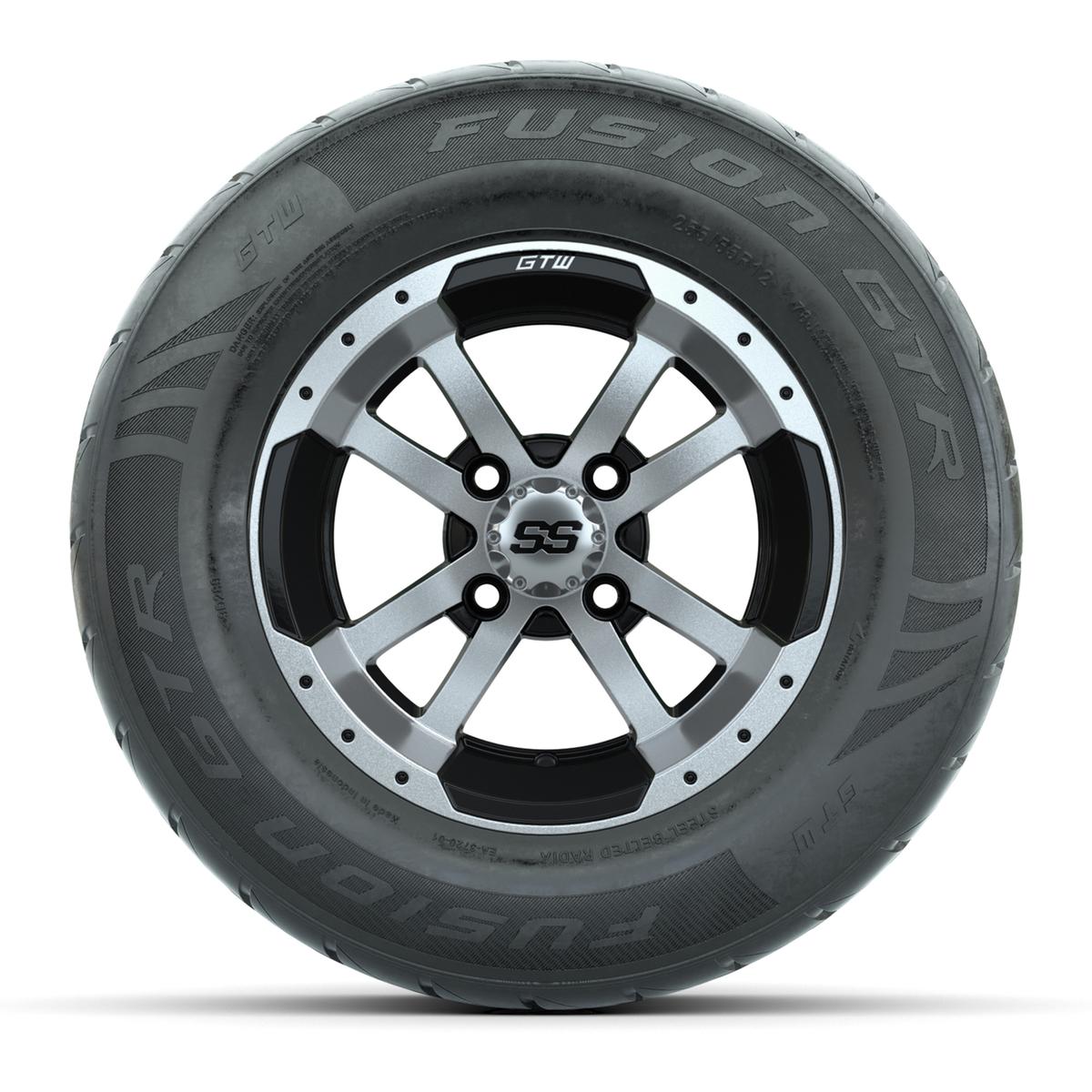 GTW&reg; Storm Trooper Black/Machined 12 in Wheels with 255/55-R12 Fusion GTR Steel Belt Radial Street Tires – Full Set