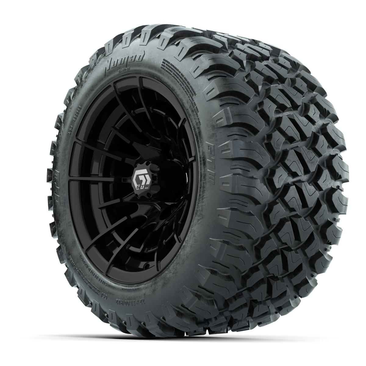 GTW&reg; Boost Gloss Black 12 in Wheels with 22X11-R12 Nomad Steel Belt Radial All-Terrain Tires – Full Set