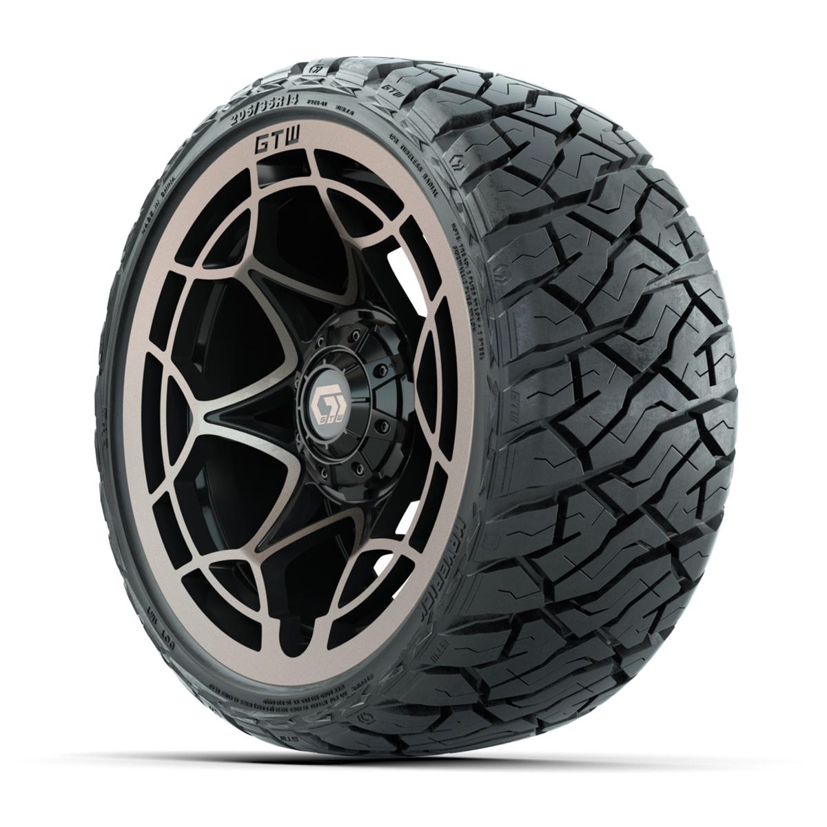 GTW Nexus Gloss Black/Bronze 14 in Wheels with 205/35-R14 Maverick Low-Profile All-Terrain Tires – Full Set