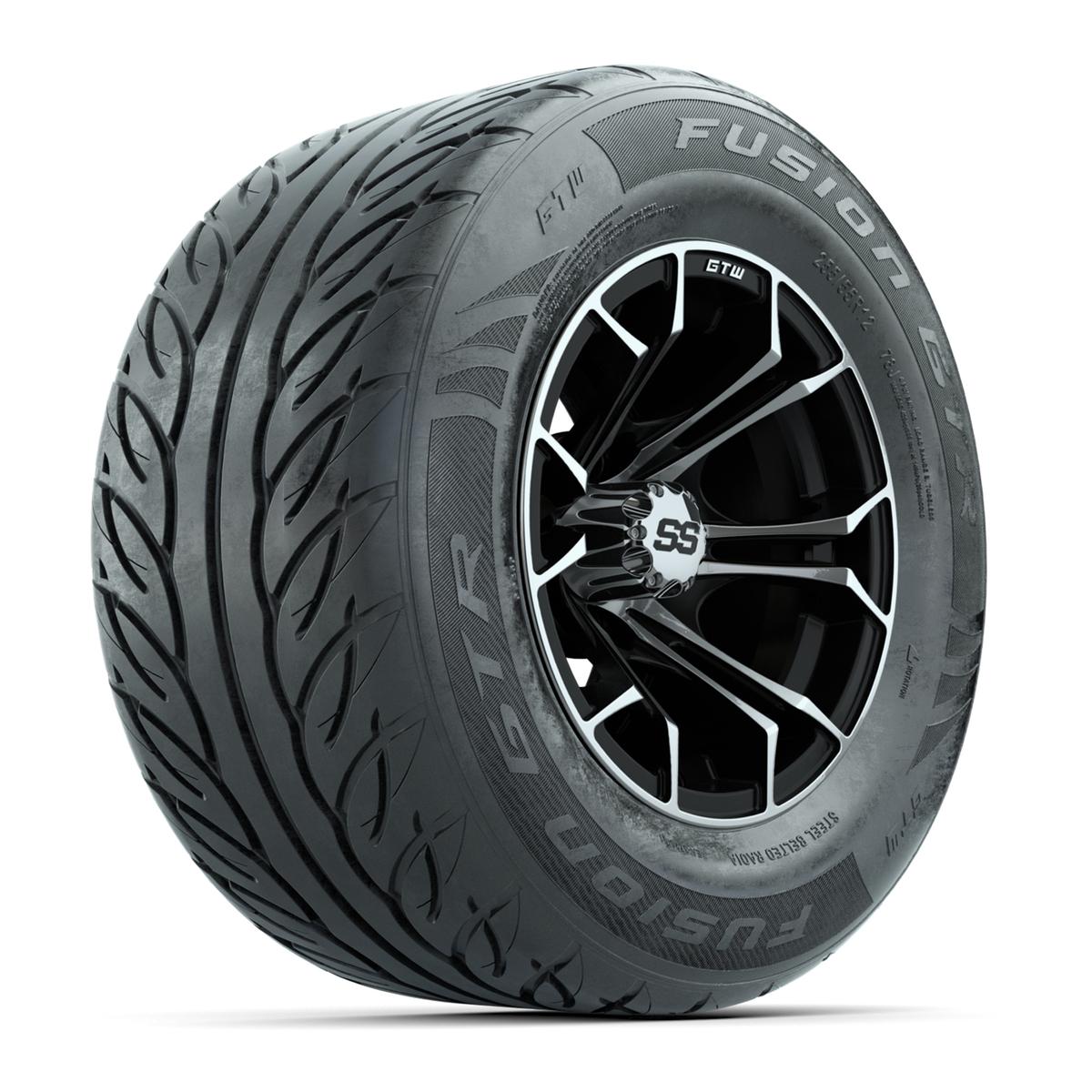 GTW&reg; Spyder Black/Machined 12 in Wheels with 255/55-R12 Fusion GTR Steel Belt Radial Street Tires – Full Set