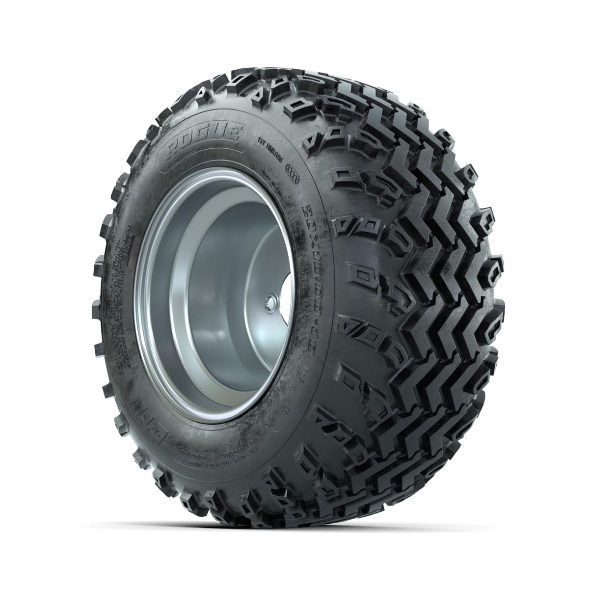 GTW Steel Silver 3:5 Offset 10 in Wheels with 20x10.00-10 Rogue All Terrain Tires – Full Set