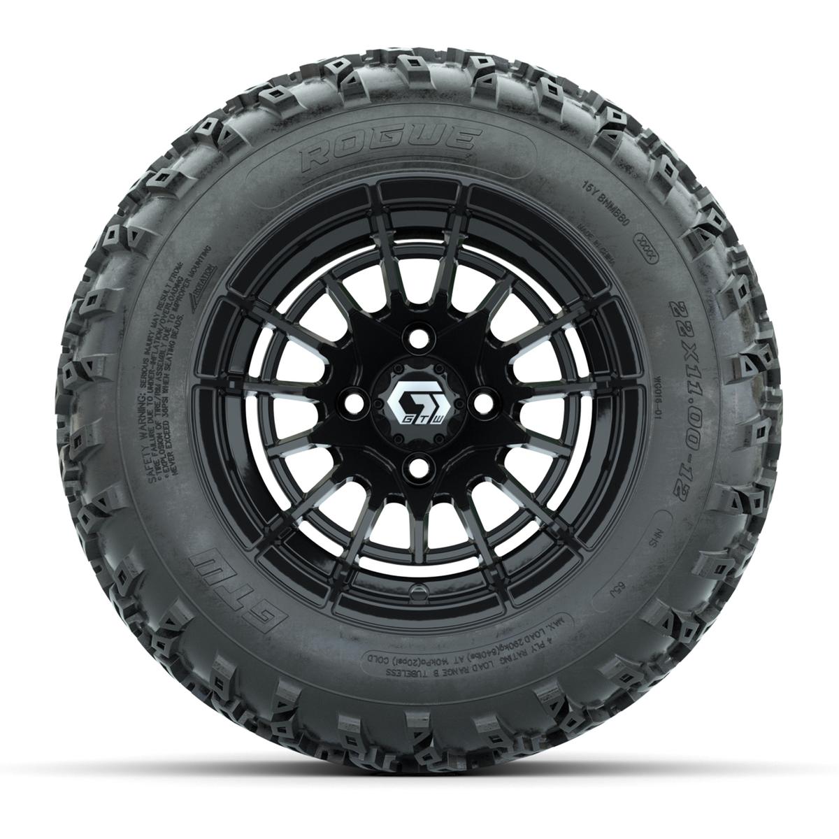 GTW® Boost Gloss Black 12 in Wheels with 22x11.00-12 Rogue All-Terrain Tires – Full Set