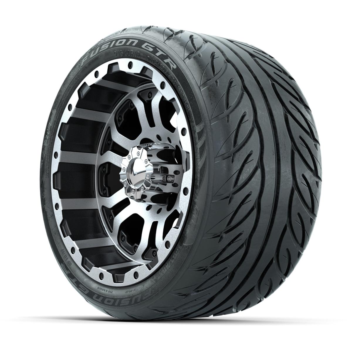 GTW&reg; Omega Black/Machined 12 in Wheels with 215/40-R12 Fusion GTR Steel Belt Radial Street Tires – Full Set