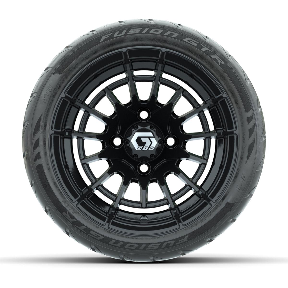 GTW&reg; Boost Gloss Black 12 in Wheels with 215/40-R12 Fusion GTR Steel Belt Radial Street Tires – Full Set