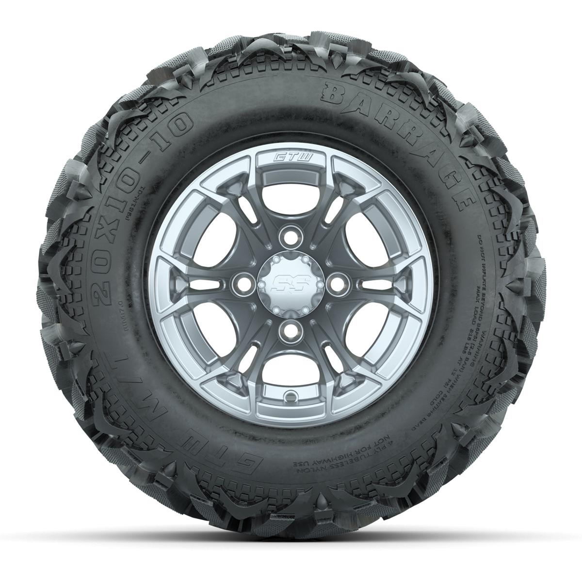 GTW Spyder Silver Brush 10 in Wheels with 20x10-10 Barrage Mud Tires – Full Set