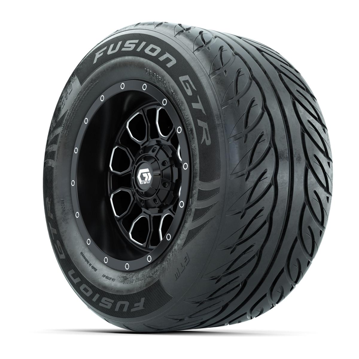 GTW&reg; Volt Black/Machined 12 in Wheels with 255/55-R12 Fusion GTR Steel Belt Radial Street Tires – Full Set