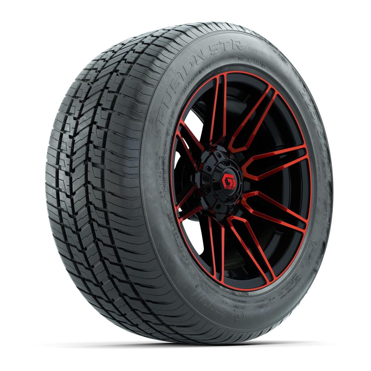 GTW&reg; Stealth Gloss Black and Red 14 in Wheels with 255/50-R14 Fusion STR DOT Approved Street Tires - Full Set