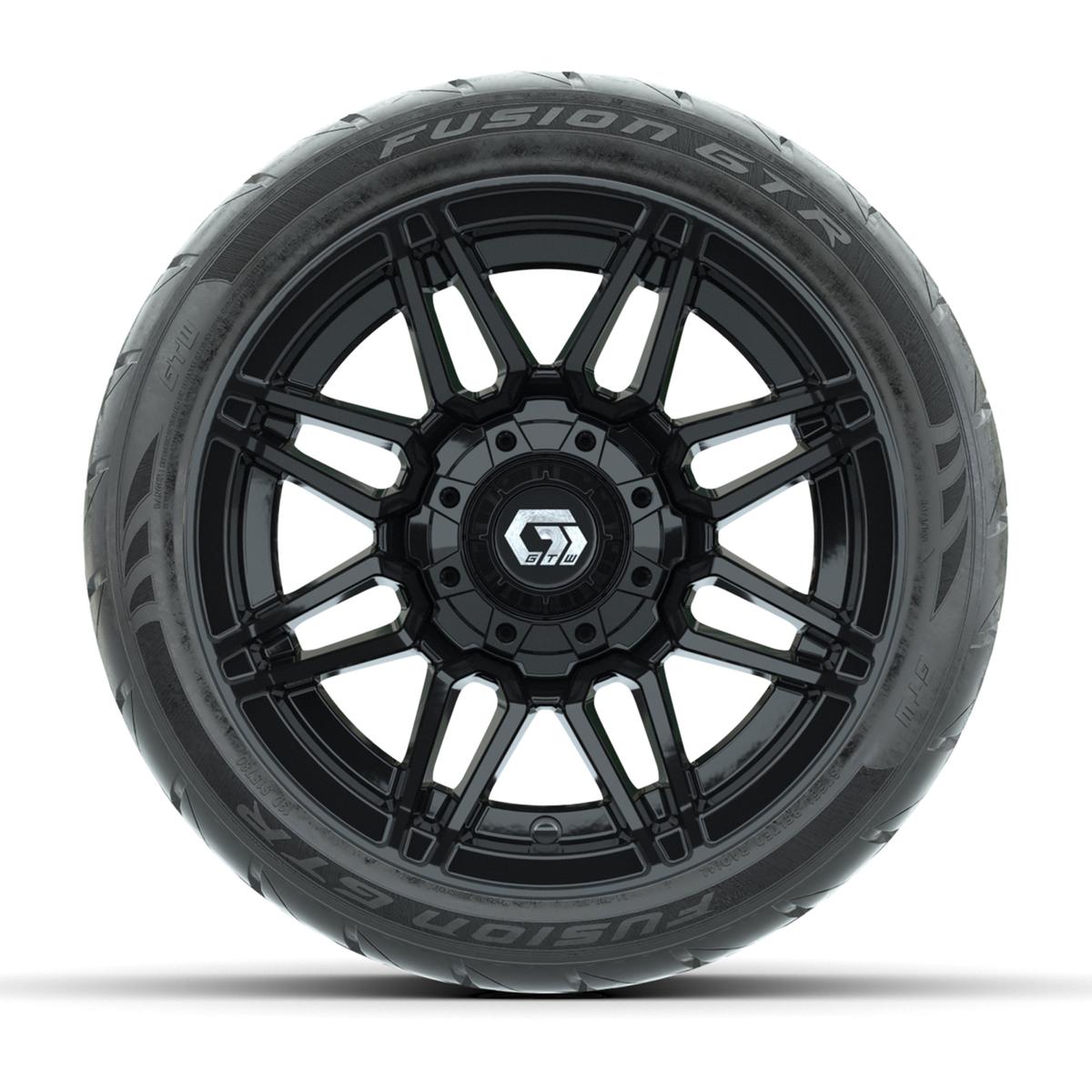 GTW&reg; Stealth Black/Machined 12 in Wheels with 215/40-R12 Fusion GTR Steel Belt Radial Street Tires – Full Set