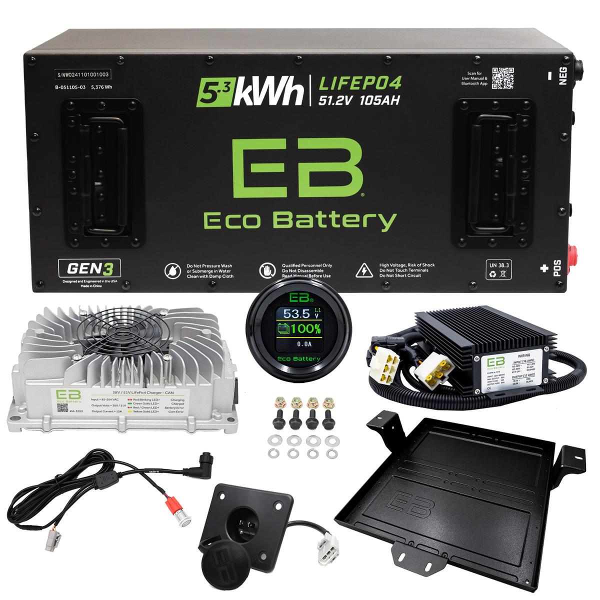 EZGO Freedom RXV with Metal Battery Tray Eco Lithium 51v 105Ah GEN3 Battery Bundle - Skinny