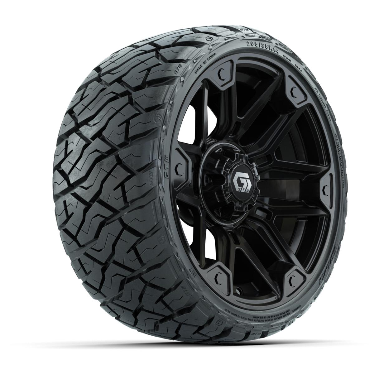 GTW Graffiti Gloss Black 14 in Wheels with 205/35-R14 Maverick Low-Profile All-Terrain Tires – Full Set