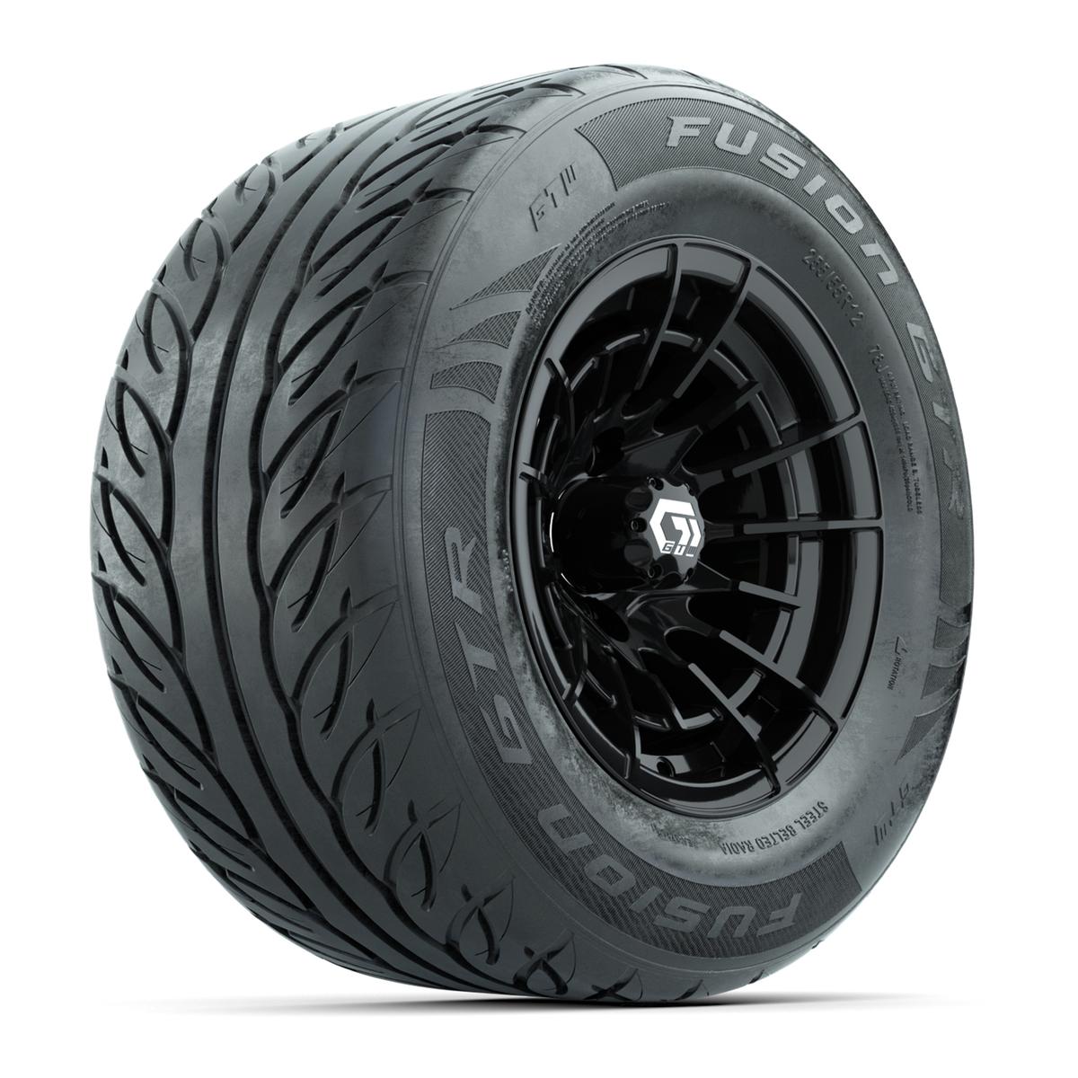 GTW&reg; Boost Gloss Black 12 in Wheels with 255/55-R12 Fusion GTR Steel Belt Radial Street Tires – Full Set