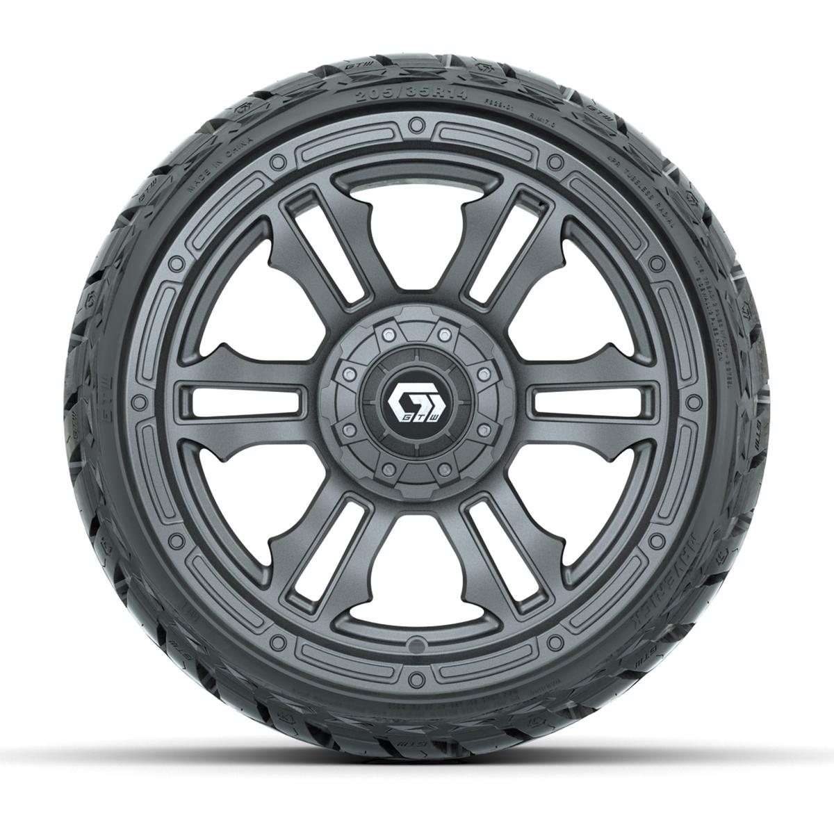 GTW Shogun Gloss Gunmetal 14 in Wheels with 205/35-R14 Maverick Low-Profile All-Terrain Tires – Full Set