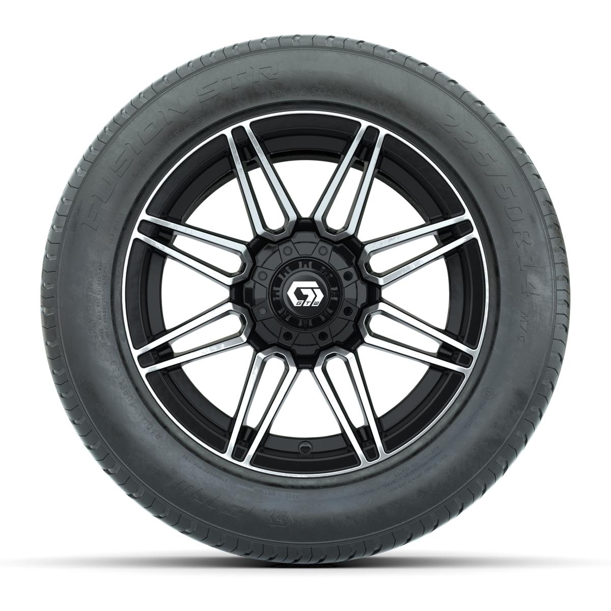 GTW&reg; Stealth Gloss Black and Machined 14 in Wheels with 255/50-R14 Fusion STR DOT Approved Street Tires - Full Set