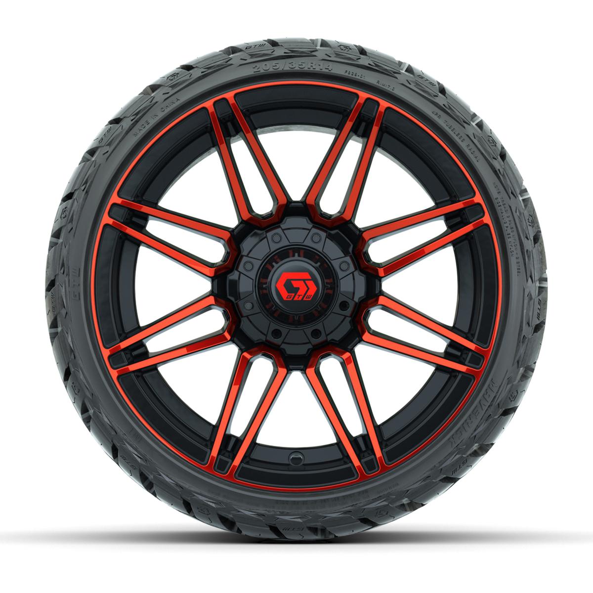 GTW Stealth Gloss Black/Red 14 in Wheels with 205/35-R14 Maverick Low-Profile All-Terrain Tires – Full Set