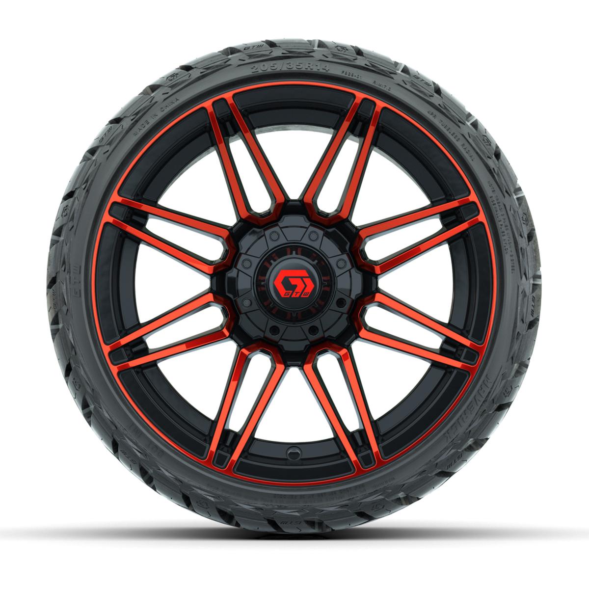 GTW Stealth Gloss Black/Red 14 in Wheels with 205/35-R14 Maverick Low-Profile All-Terrain Tires – Full Set