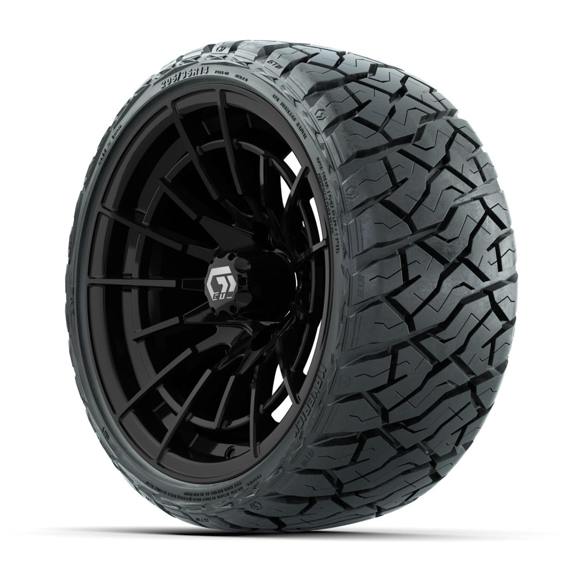 GTW Boost Gloss Black 14 in Wheels with 205/35-R14 Maverick Low-Profile All-Terrain Tires – Full Set