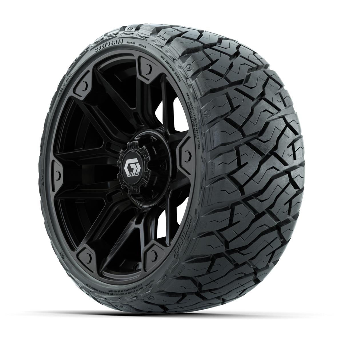 GTW Graffiti Gloss Black 14 in Wheels with 205/35-R14 Maverick Low-Profile All-Terrain Tires – Full Set