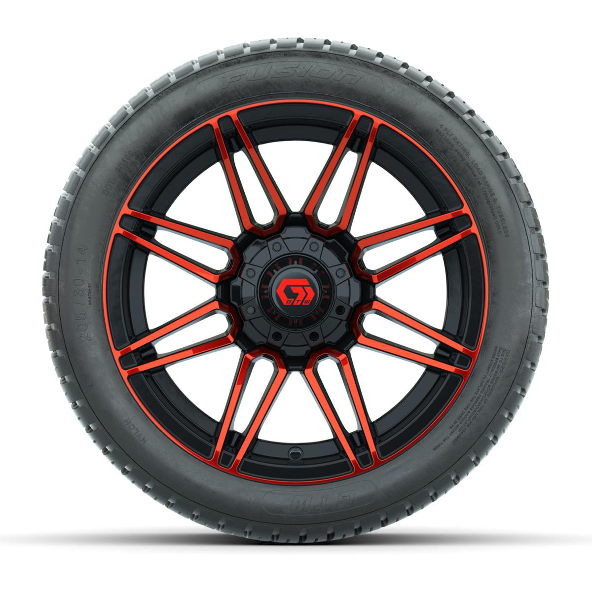 GTW® Stealth Gloss Black/Red 14 in Wheels with 205/30-14 Fusion Street Tires – Full Set