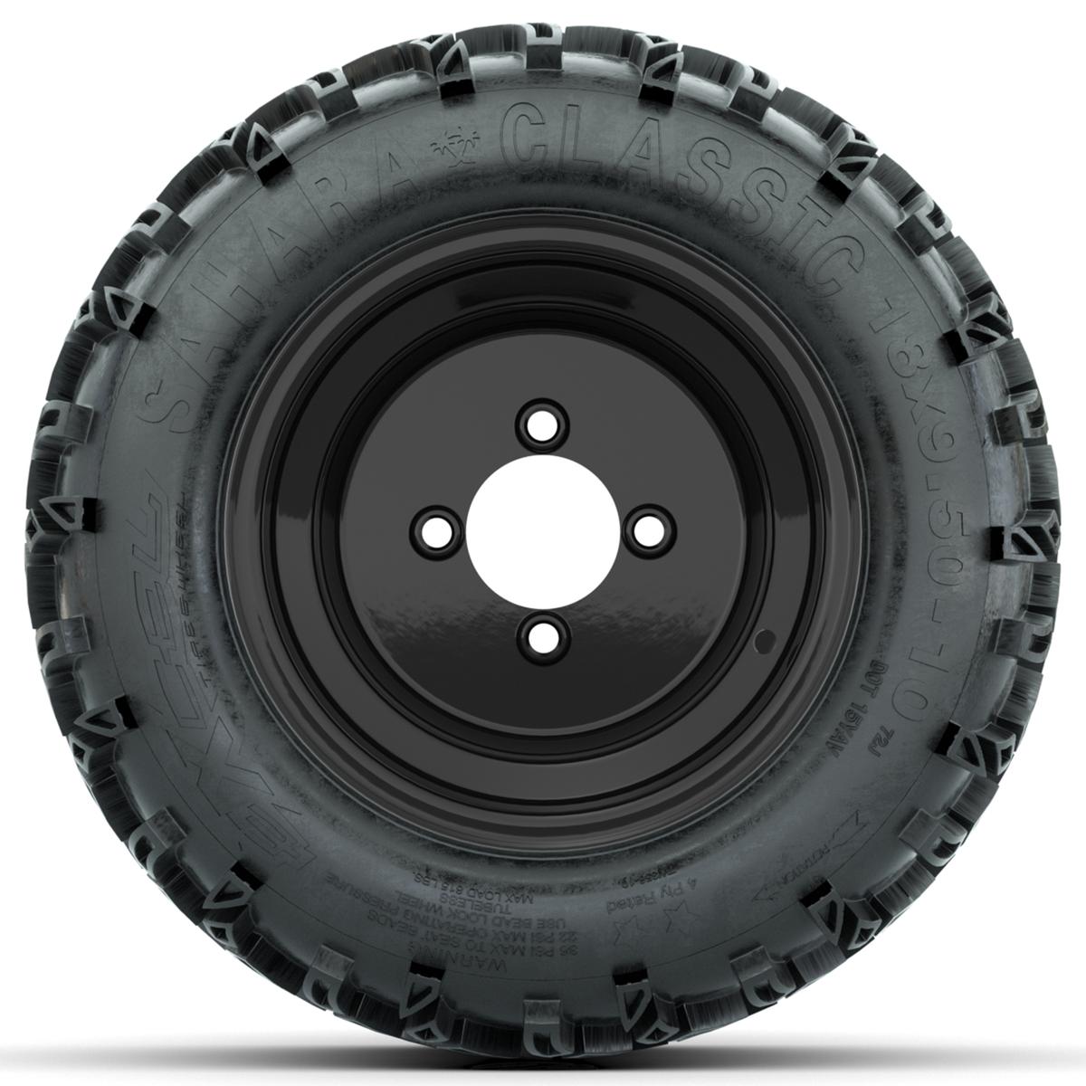 Set of (4) 10 in Black Steel Offset Wheels with 18x9.5-10 Sahara Classic All Terrain Tires