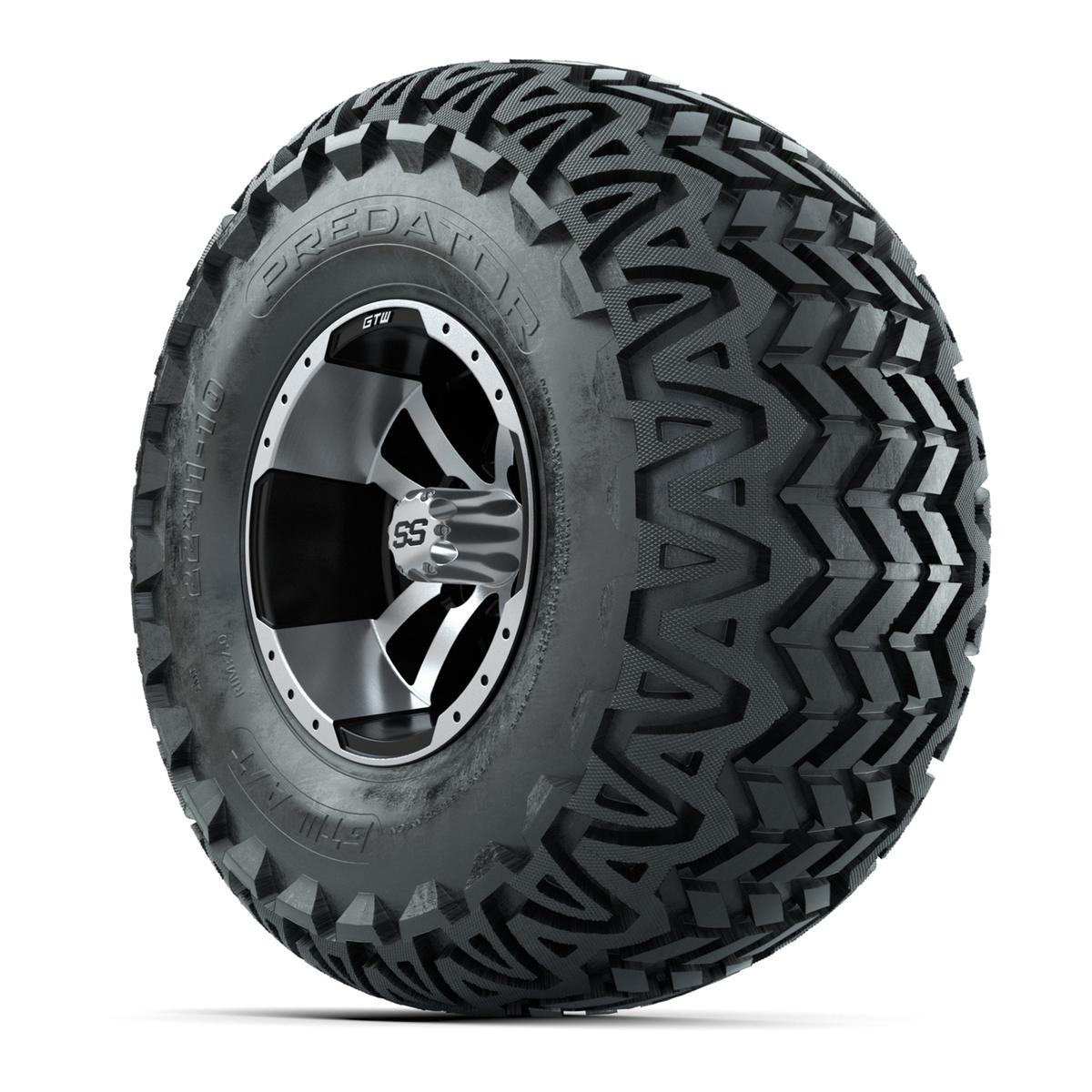 Set of 4 GTW 10in Storm Trooper Black and Machined Wheels with 22in Predator A-T Tires