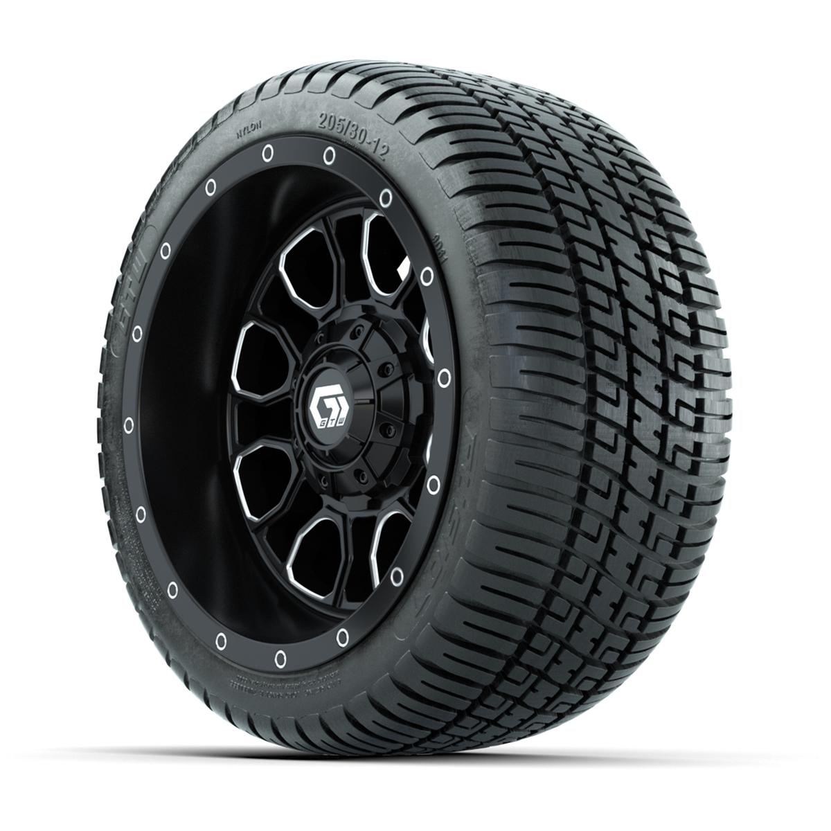 GTW&reg; Volt Black/Machined 12 in Wheels with 205/30-12 Fusion Street Tires – Full Set