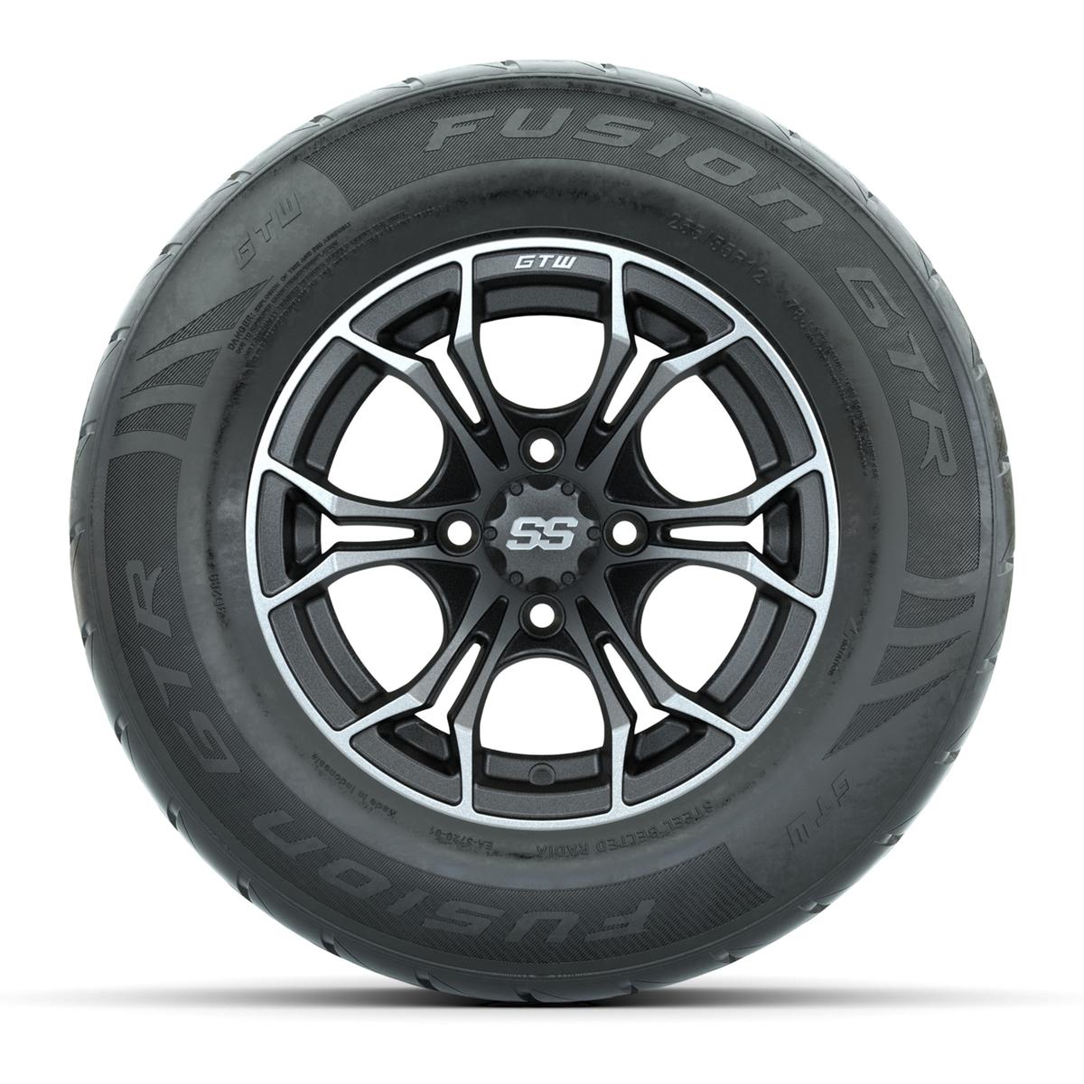 GTW&reg; Spyder Matte Gray/Machined 12 in Wheels with 255/55-R12 Fusion GTR Steel Belt Radial Street Tires – Full Set
