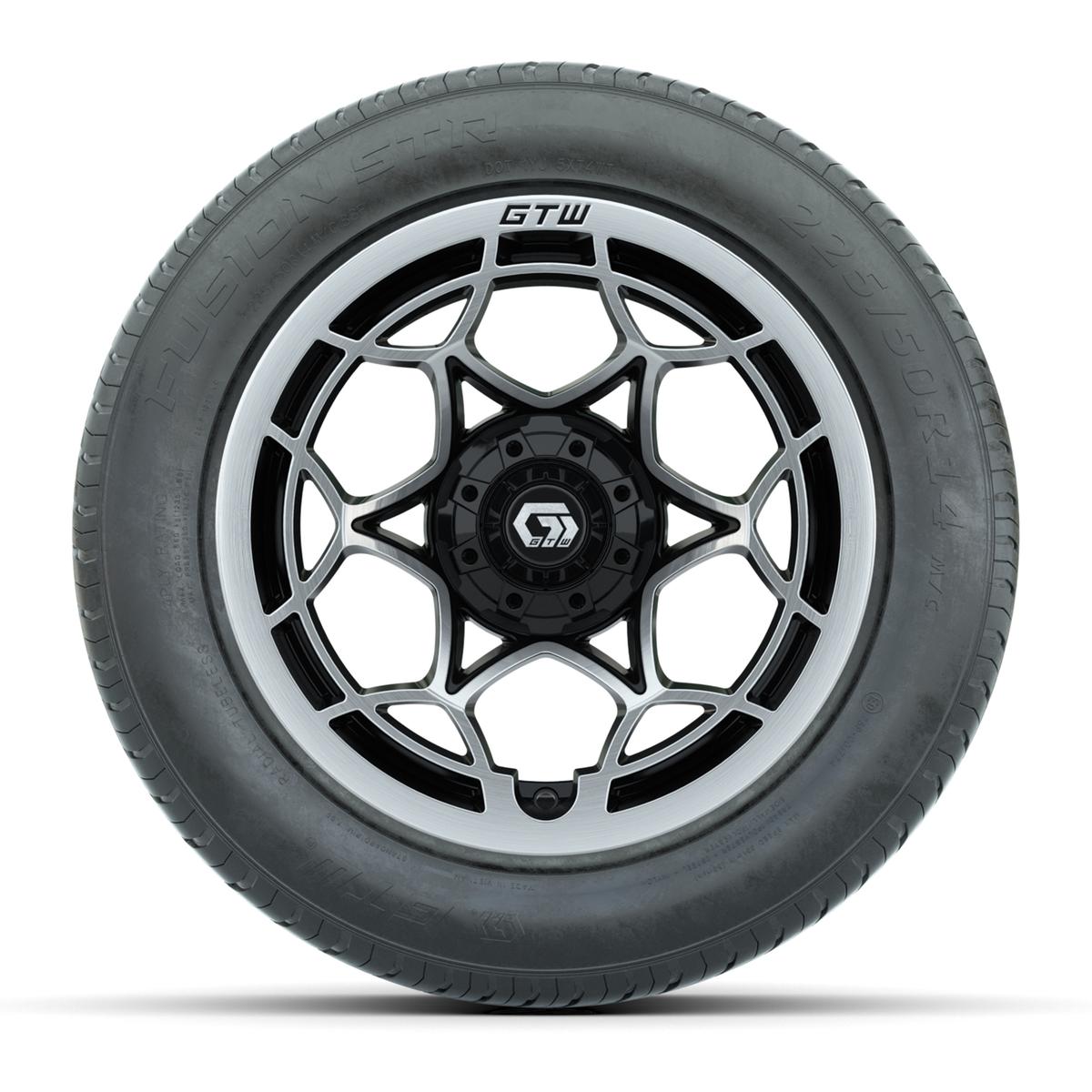 GTW&reg; Nexus Gloss Black and Silver 14 in Wheels with 255/50-R14 Fusion STR DOT Approved Street Tires - Full Set